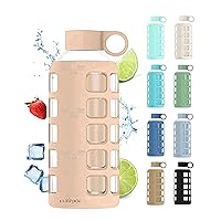purifyou Premium 40/32 / 22/12 oz Glass Water Bottles with Volume & Times to Drink, Silicone Sleeve & Stainless Steel Lid Insert, Reusable Bottle for Fridge Water, Milk, Juice (22oz Hazelnut)