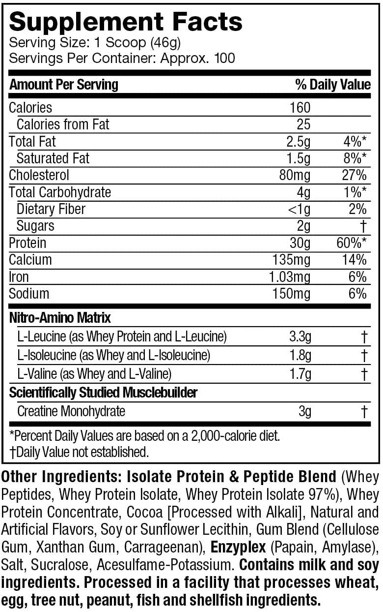 Whey Protein Powder MuscleTech Nitro-Tech Whey Protein Isolate & Peptides Protein + Creatine for Muscle Gain Muscle Builder for Men & Women Sports Nutrition Chocolate, 10 lb (100 Servings)