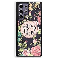 Monogram Floral Roses Case for Samsung Galaxy S22 Plus Ultra, Personalized Phone Case, Gift for Her Birthday Mom Girls, Black Rubber, Slim Fit
