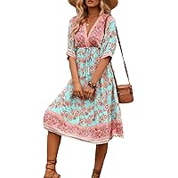 TIAFORD Women Boho Floral Print Half Sleeve Midi Dress Summer Vacation V Neck Elastic High Waist Flowy Bohemian Beach Dress