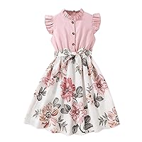 Girl's Ruffle Sleeve Dress Button Front Floral Print Belted A Line Midi Dresses