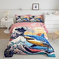 Shark Kids Comforter Set King Size,Pink Sakura Cherry Blossom Japanese Ukiyo-e Dreamy Bedding Set,Boys Girls Room Decor,Marine Life Ocean Animal Down Comforter,Sea Blue Duvet Insert,2 Pillowcases