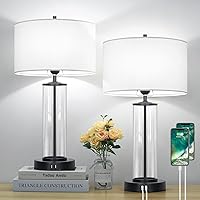 Modern Touch Control Table Lamps with 2 USB Ports for Living Room Set of 2, 3-Way Dimmable Bedside Lamps with White Shades & Clear Glass for Bedroom Nightstand Hotel, Daylight 5000K LED Bulbs Included