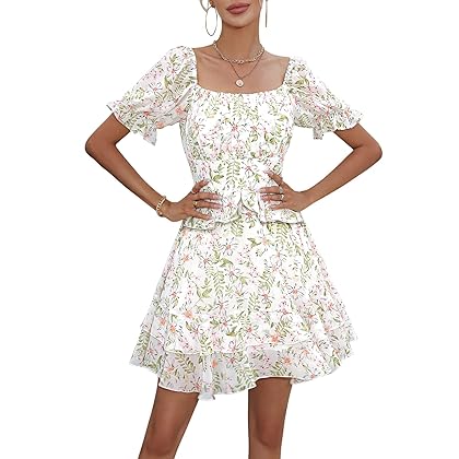 EXLURA Womens Summer Dress Floral Ruffle Tiered Square Neck Sundress Short Sleeve Off Shoulder Smocked Mini Dresses