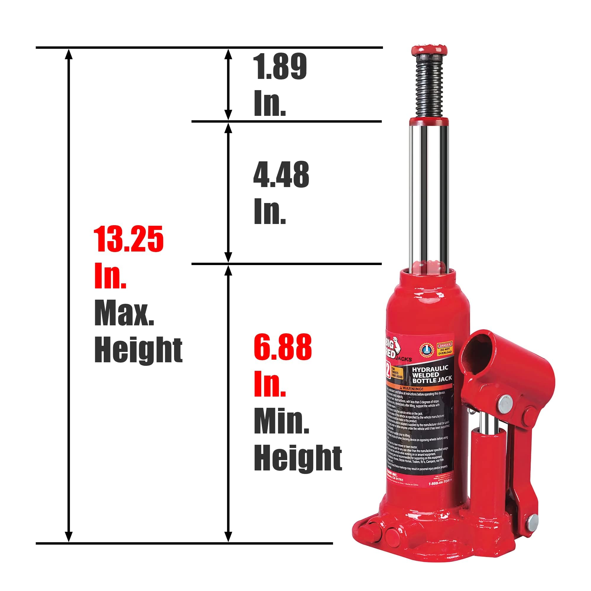 BIG RED T90203B-1 Torin Hydraulic Welded Bottle Jack, 2 Ton (4,000 lb.) Capacity, Red