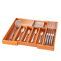 Utensil Organizer for Kitchen Drawers - Bamboo Expandable Silverware Organizer - Utensil Holder and Cutlery Tray with Divider and Removable Knife Block | 17” Long, Adjustable from 13” to 22.2”