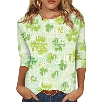 Womens St Patricks Tops 3/4 Sleeve 2024 Summer Plus Size Going Out Tunic Loose Round Neck Fashion Tshirts