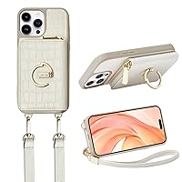 CUSTYPE Case Wallet for iPhone 15 Pro with Card Holder for Women, Crossbody Zipper Case with Strap Wrist, Protective Leather Case Purse with Ring for Apple iPhone 15 Pro 6.1inch, Beige