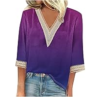 Womens 3/4 Sleeve Tops Tie Dye Printed Summer T Shirts 2024 Lace Trim V Neck Blouse Three Quarter Length Tunic Tops