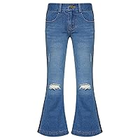 FEESHOW Youth Casual Flared Jeans Girls Ripped Holes Denim Pants Bell Bottoms High Waist Straight Trousers with Pockets