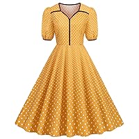 Women Vintage Rockabilly Pinup Audrey Hepburn Dress V Neck Short Sleeve Polka Dot Evening Dress Wedding Guest Dress