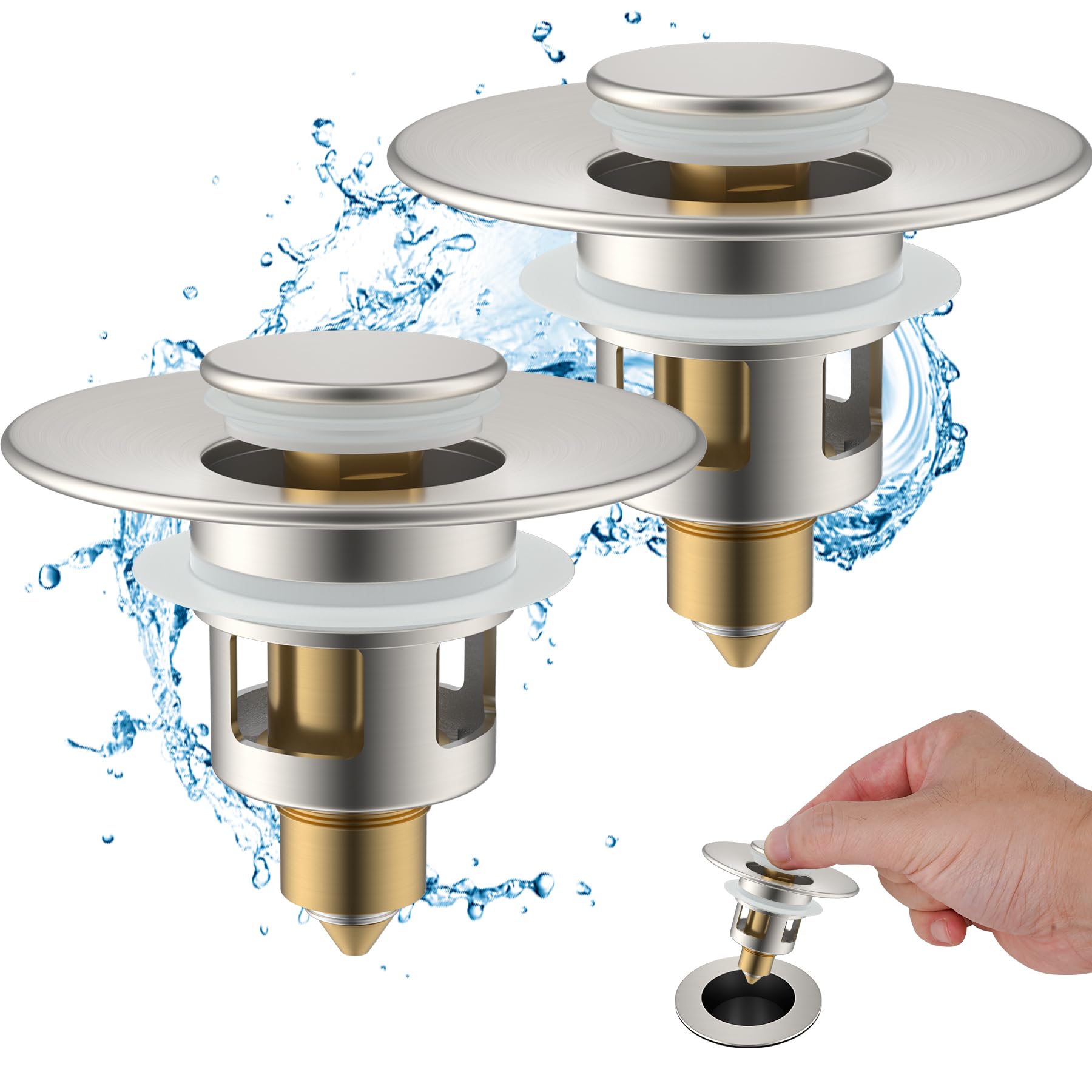Hibbent 2 Pack All Metal Universal Bathroom Sink Stopper, for 1''~1.8'' Basin Pop Up Sink Drain Strainer, Upgraded Brass Bullet Core Push Type Sink Stopper, Anti Clogging Drain Filter, Brushed Nickel