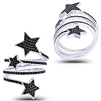 Sterling Silver Two-Tone Round Black Spinel Stars Spiral Ring