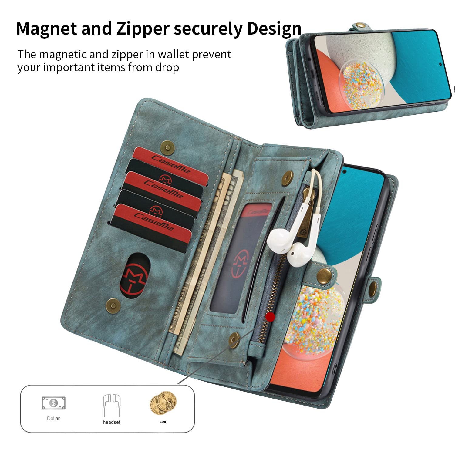 Simicoo Samsung Galaxy S24 Plus Wallet Leather Case Detachable Magnetic Zipper Flip Case 11 Card Slots Holder Wrist Strap Handle Shockproof Cover Pocket Wallet Handbag for S24 Plus (Blue)