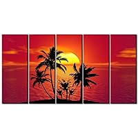 Burnt Orange Wall Art Palm Tree Wall Decor for Bathroom Living Room Sunset Tropical Island Landscape Canvas Prints Nature Scenery Coastal Seascape Posters Artwork Home Decorations 12x32” 5 Pieces