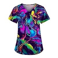 Scrub Tops for Women,Womens Scrubs V Neck Lightweight Printed Oversized Medical Nursing Tops Fashion Working Uniform T Shirts 70S Outfits for Women