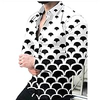 Men's Long Sleeved Print Shirts - Spring Turn-Down Collar Buttoned Shirt Casual Fish Scales Print Button Down Tops