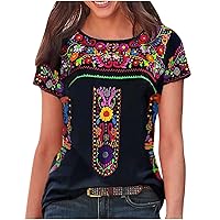 Womens Mexican Retro Embroidered Tees Ethnic Style Boho Floral Print Casual Tunic Tops for Women Summer Short Sleeve T Shirt