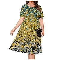 Womens Dresses 2023 Trendy Loose Crew Neck Printing Short Sleeve Dress Casual Plus Size Fitted Calf Length Dress