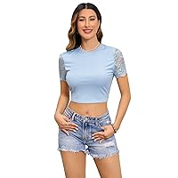 Milumia Women's Scallop Trim Backless Lace Crop Top Short Sleeve Solid Tie Back Crop Tee