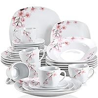 VEWEET, Series Annie, Porcelain Dinnerware Sets for 6, White Dish Set with Pink Floral, 30 PCS Dinner Sets Including Dinner Plates, Dessert Plates, Soup Plates Set, Cups & Saucers