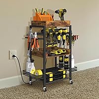 MOOACE Power Tool Organizer Storage Cart with Charging Station and Wheels, 4 Tier Heavy Duty Metal Rack, Rolling Tool Utility Cart, for Workshop, Garage, Workbench, Brown
