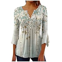 2024 Women's Tunic Tops Floral Print Tshirts Loose Fit Hide Belly Henley Shirts 3/4 Sleeve Empire Waist Blouse for Leggings
