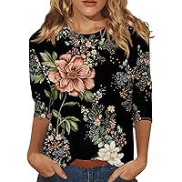 Going Out Tops for Women,3/4 Length Sleeve Womens Tops Floral Print Pattern Round Neck Shirt Spring Tops for Women 2024