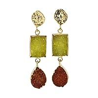 Gold Plated Sugar Druzy Drop & Dangle Stud Hook Earrings | Gemstone Earring Handmade | Agate Druzy Rectangle & Pear Gift For Her Earring Jewelry 1235)25