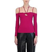 BCBGMAXAZRIA Women's Fitted Long Sleeve Cold Shoulder Sweetheart Neck Halter Tie Front Twist Keyhole Top
