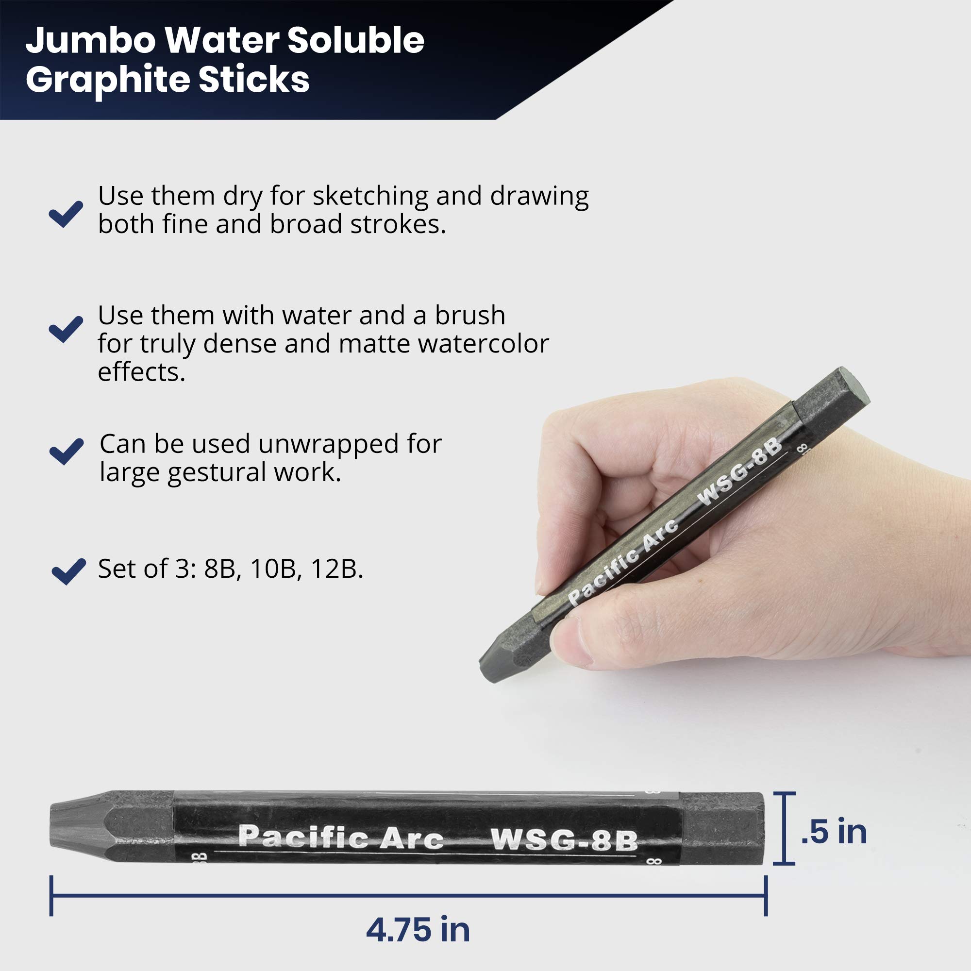 Pacific Arc - Jumbo Water Soluble Graphite Sticks Set of 3, Soft 12B, 10B,  8B