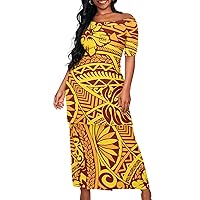 Womens Polynesian Puletasi Samoan Dress Short Sleeve One Shoulder Maxi Dress 2 Piece Outfit
