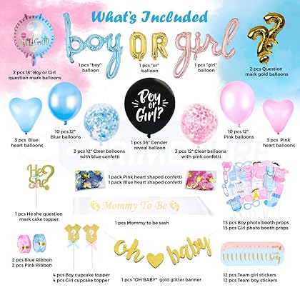 Gender Reveal Decorations - 111 Piece Premium Kit | Gender Reveal Party Supplies, Gender Reveal Balloon, Boy or Girl Balloons, He or She Topper, Baby Gender Reveal Decor | Revelacion de Genero de Bebe