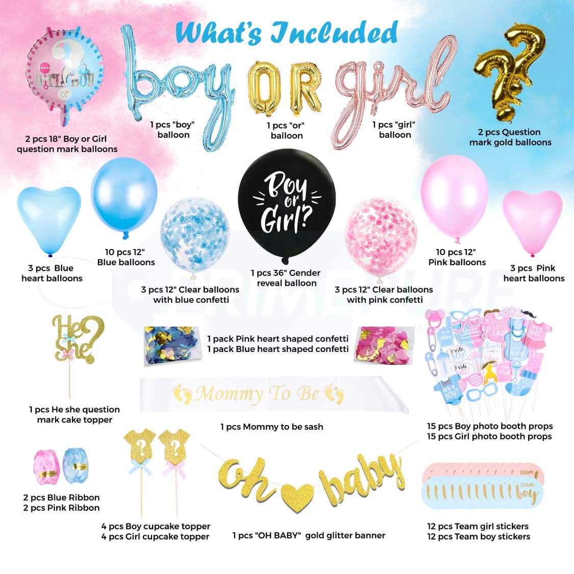 Gender Reveal Decorations - 111 Piece Premium Kit | Gender Reveal Party Supplies, Gender Reveal Balloon, Boy or Girl Balloons, He or She Topper, Baby Gender Reveal Decor | Revelacion de Genero de Bebe
