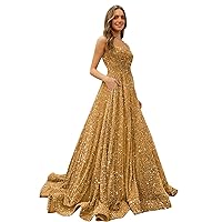 Spaghetti Straps Sequin Prom Dresses for Women Sparkly Long A-Line Formal Ball Gowns with Pockets
