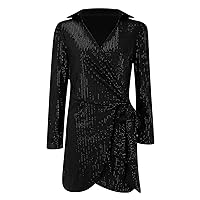 Women's Solid Color V Neck Lace Up Sequined Waist Long Sleeved Dress Short Wrap Dress for Women