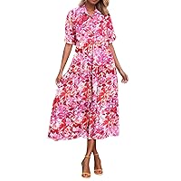 Women's Summer Floral Dresses 2024 Casual Short Sleeve Square Neck Ruffle Long Beach Dress Loose Fit Boho Dress