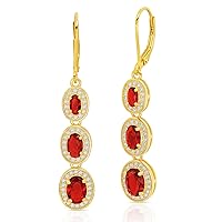 925 Sterling Silver with 18k Gold Overlay Oval Dangle Drop Earrings For Women with Simulated Emerald, Ruby, or Sapphire Graduated with Leverback by MAX + STONE