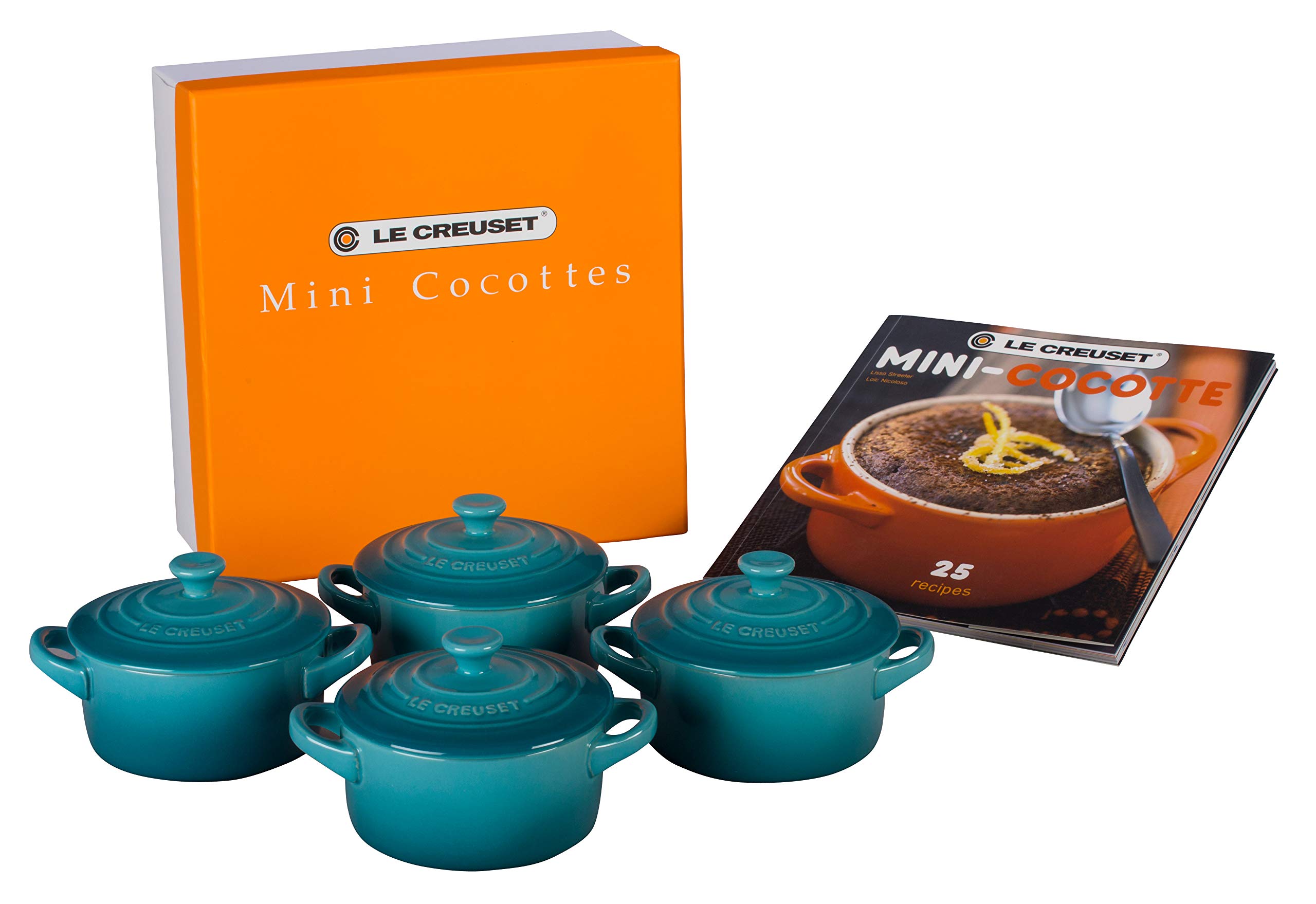 Le Creuset Stoneware Set of 4 Mini Cocottes with Cookbook, 8 oz. each, Caribbean