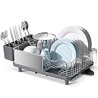 TOOLF Dish Rack, 304 Stainless Steel Dish Drying Rack for Kitchen Counter, Dish Drainer with Cutlery Holder for Large Capacity, Grey