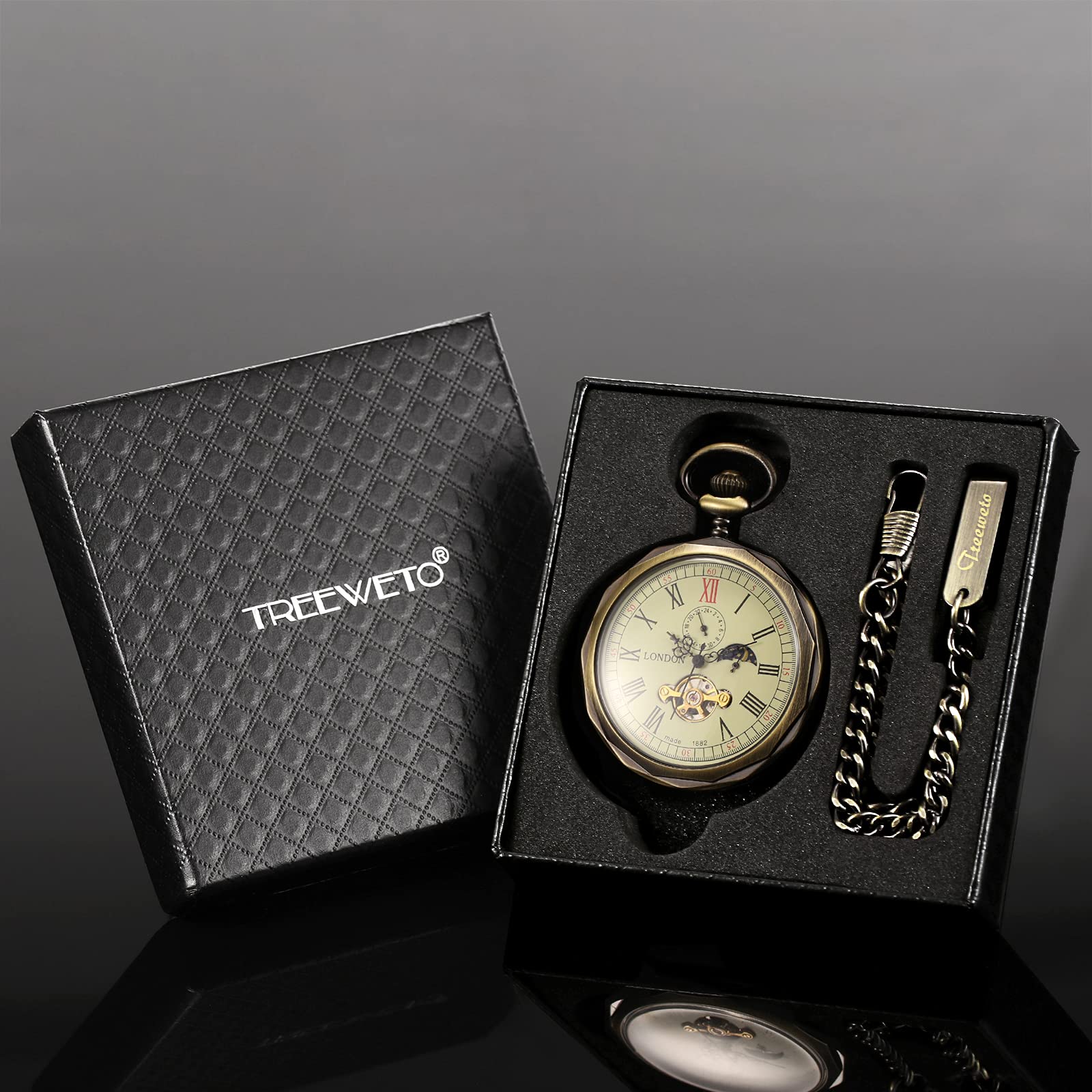 TREEWETO Mechanical Pocket Watches Roman Numerals Open Face with Chain Men 24-Hour Moon Sun + Box