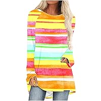 2024 Women Casual Loose Fit Shirts Colorful Stripe Flowy Tunic Tops Long Sleeve Crewneck Blouse Wear with Leggings