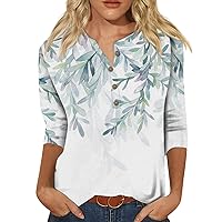 Summer Casual Buttons Down 3/4 Length Sleeve Tops for Women,Crew Neck Loose Floral Printed Shirts Trendy Blouse