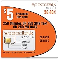 SpeedTalk Mobile SIM Card Kit for Smart Phones & Cellphones | $5 Monthly Plan - 250 SMS Texts OR 250 Minutes OR 250 MB 5G 4G LTE Data | 3-in-1 Standard Micro Nano Size | 30 Days USA Wireless Coverage