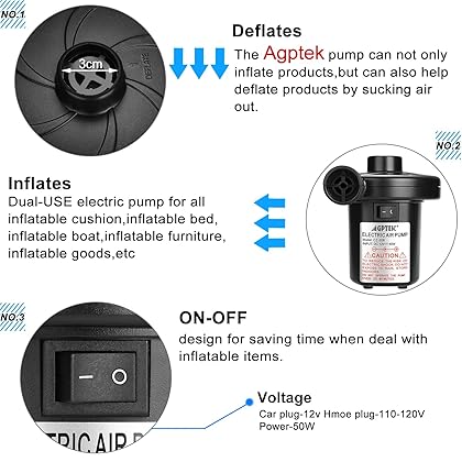 Electric Air Pump, AGPTEK Portable Quick-Fill Air Pump with 3 Nozzles, 110V AC/12V DC, Perfect Inflator/Deflator Pumps for Outdoor Camping, Inflatable Cushions, Air Mattress Beds, Boats, Swimming Ring