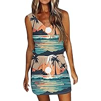 Summer Dresses for Women 2024 Trendy Solid Color Drawstring Pocket Sundress Casual Loose V Neck Sleeveless Mini Dress