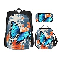 Blue Butterfly Print 3 In 1 Set With Lunch Box Pencil Bag Casual Backpack Set For Gym Beach Travel
