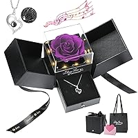 Preserved Real Purple Rose with S925 Sterling Silver Necklace, Eternal Rose with I Love You Necklace in 100 Languages Music Box with Lights Romantic Gifts for Mom Grandma Wife Girlfriend Her