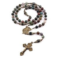 8mm Natural Stone Beads Large Rosary with Caps Miraculous Medal and Pardon Crucifix