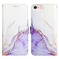 Compatible with iPhone SE Case 2022, iPhone SE Gen 3 Case, iPhone 7 Wallet Case, iPhone 8 Case Purple White Marble Leather Flip Cases Cover with Credit Card Holder for Women with Wrist Strap